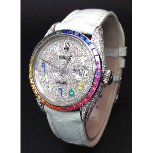 8 - A Customized Rolex Datejust Diamond Automatic Watch. White leather strap. Stainless steel diamond en... 