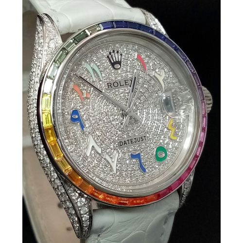 8 - A Customized Rolex Datejust Diamond Automatic Watch. White leather strap. Stainless steel diamond en... 