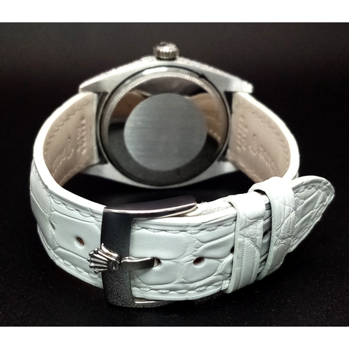 8 - A Customized Rolex Datejust Diamond Automatic Watch. White leather strap. Stainless steel diamond en... 