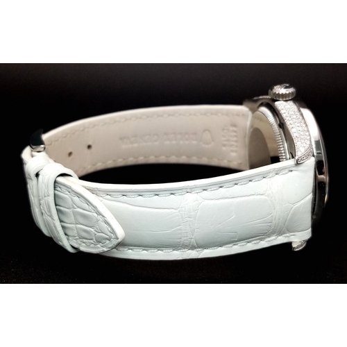 8 - A Customized Rolex Datejust Diamond Automatic Watch. White leather strap. Stainless steel diamond en... 