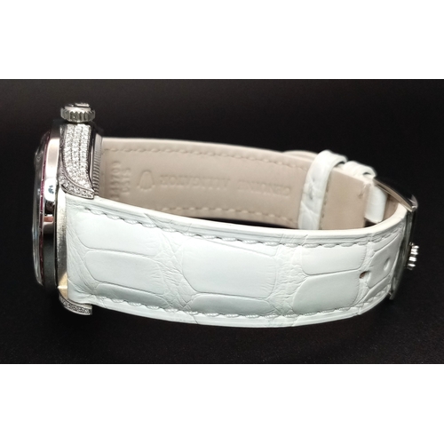 8 - A Customized Rolex Datejust Diamond Automatic Watch. White leather strap. Stainless steel diamond en... 