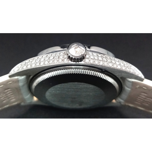 8 - A Customized Rolex Datejust Diamond Automatic Watch. White leather strap. Stainless steel diamond en... 