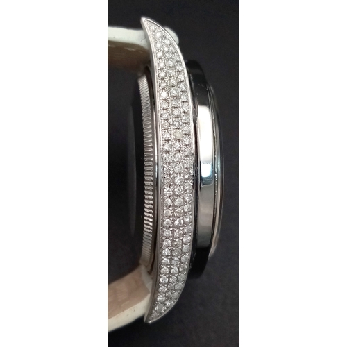 8 - A Customized Rolex Datejust Diamond Automatic Watch. White leather strap. Stainless steel diamond en... 