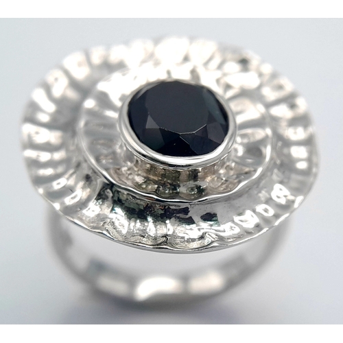 1014 - An Unique Sterling Silver Black Onyx and Modernist Design Ring Size N1/2. Measures 2.5cm Length at t... 