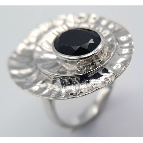 1014 - An Unique Sterling Silver Black Onyx and Modernist Design Ring Size N1/2. Measures 2.5cm Length at t... 