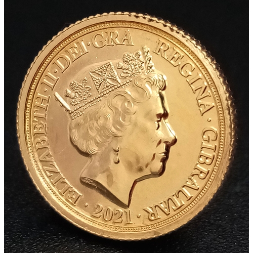 549 - A 2021, QUEEN ELIZABETH II, GIBRALTAR, THE DRAGON CONQUERED, QUARTER SOVEREIGN COIN. 22K GOLD. Ref: ... 