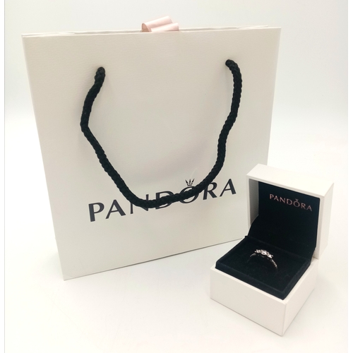 539 - Genuine PANDORA SILVER and ZIRCONIA TRILOGY RING. Size L 1/2 (Pandora Size 52). Condition New and Un... 