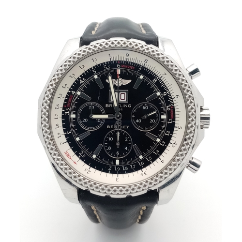 A Breitling Bentley Automatic Chronograph Gents Watch. Model A44362. Black leather strap with Breitling clasp. Large stainless steel case - 48mm. Black dial with three sub dials and outer white band. Bi-rotational bezel. In working order. Comes with a Watch Register Report.