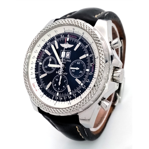 501 - A Breitling Bentley Automatic Chronograph Gents Watch. Model A44362. Black leather strap with Breitl... 