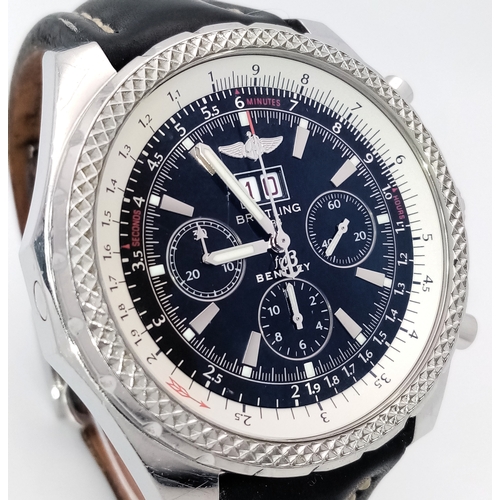 501 - A Breitling Bentley Automatic Chronograph Gents Watch. Model A44362. Black leather strap with Breitl... 
