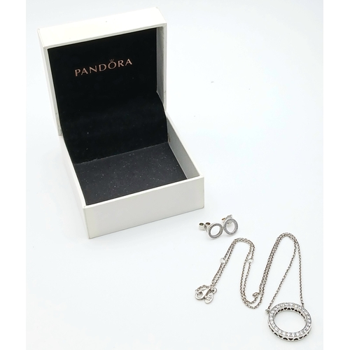 555 - A Pandora Pendant on Chain with Matching Earrings. All sterling silver with stone set decoration. 2c... 