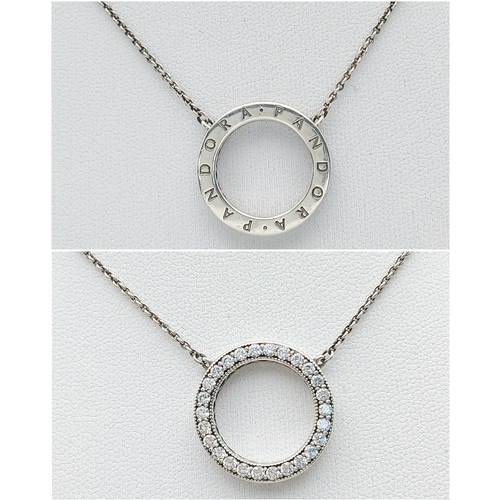 555 - A Pandora Pendant on Chain with Matching Earrings. All sterling silver with stone set decoration. 2c... 