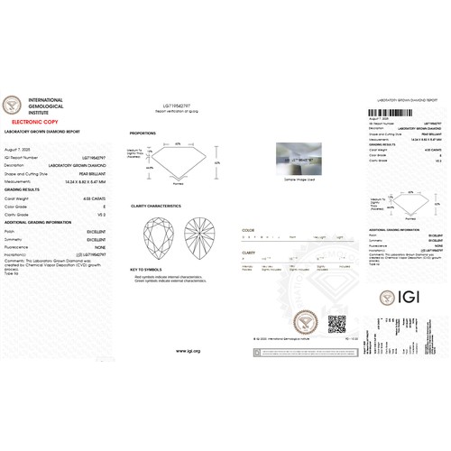 510 - A 4.03ct Pear Shape Lab-Grown Diamond. Colour E, clarity VS2. IGI certified. Cert no: LG719542797. M... 