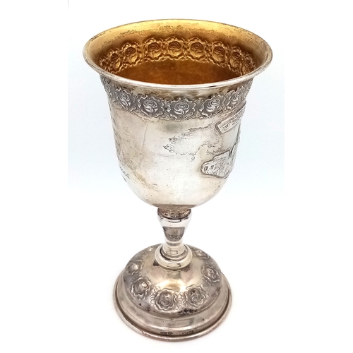 131 - An Antique Sterling Silver Ornate Bar Mitzvah Kiddush Cup. 15cm tall. 92g.