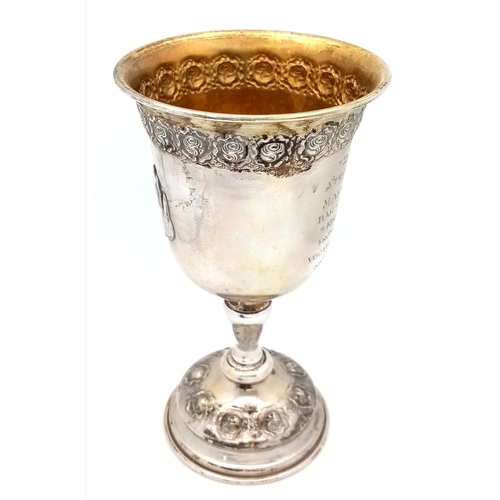 131 - An Antique Sterling Silver Ornate Bar Mitzvah Kiddush Cup. 15cm tall. 92g.