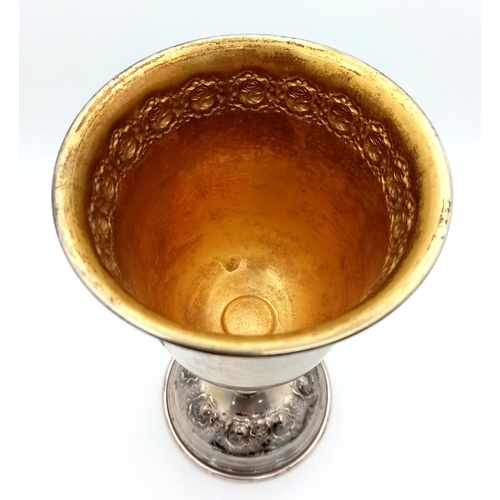 131 - An Antique Sterling Silver Ornate Bar Mitzvah Kiddush Cup. 15cm tall. 92g.
