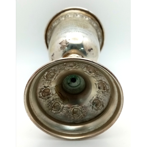 131 - An Antique Sterling Silver Ornate Bar Mitzvah Kiddush Cup. 15cm tall. 92g.