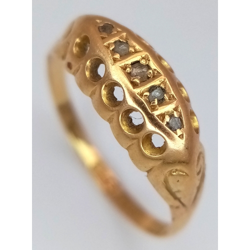 169 - An Antique 18K Yellow Gold and Diamond Set Ring. Chester hallmarks. Five old cut diamonds. Size N. 1... 