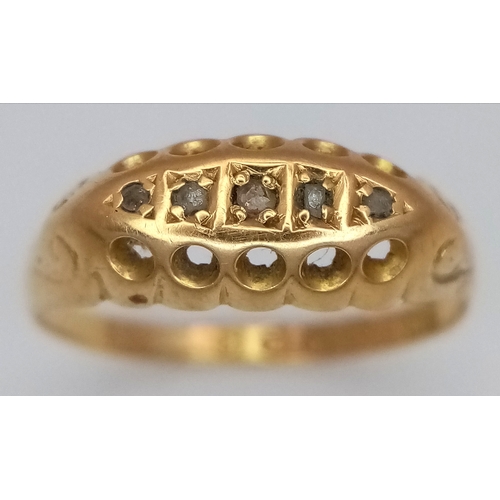 169 - An Antique 18K Yellow Gold and Diamond Set Ring. Chester hallmarks. Five old cut diamonds. Size N. 1... 