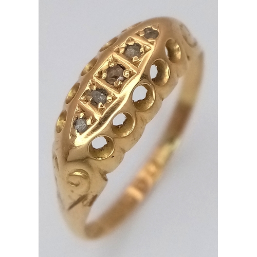 169 - An Antique 18K Yellow Gold and Diamond Set Ring. Chester hallmarks. Five old cut diamonds. Size N. 1... 