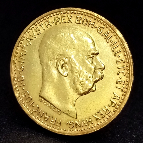 174 - A 1912 Austrian 10 Corona Gold Coin. 900 gold (21.6K) purity. 3.39g.