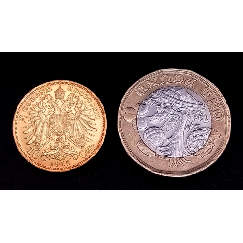174 - A 1912 Austrian 10 Corona Gold Coin. 900 gold (21.6K) purity. 3.39g.