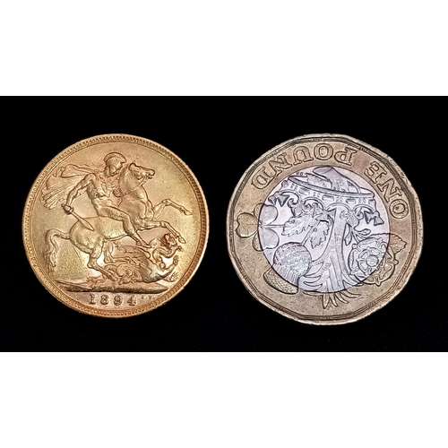 1 - An 1894 Queen Victoria Full Sovereign Gold Coin. 22k gold.