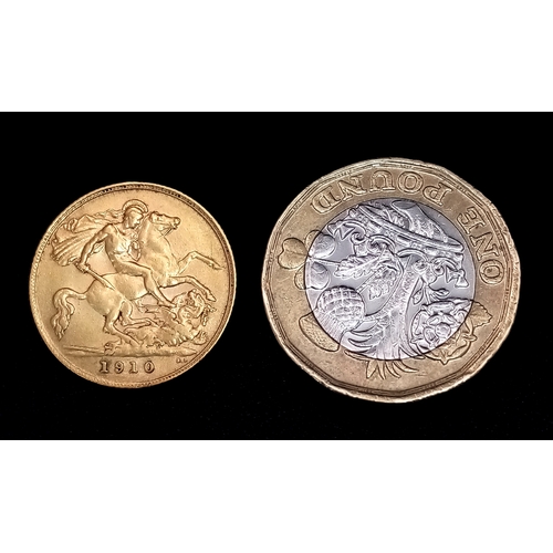 32 - A 1910 Edward VII Half Sovereign Coin. 22k Gold.