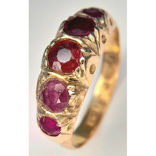 377 - A Vintage 9K Gold Garnet, Amethyst and Ruby Five Stone Ring. Size J. 1.1g.