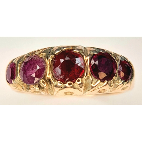 377 - A Vintage 9K Gold Garnet, Amethyst and Ruby Five Stone Ring. Size J. 1.1g.