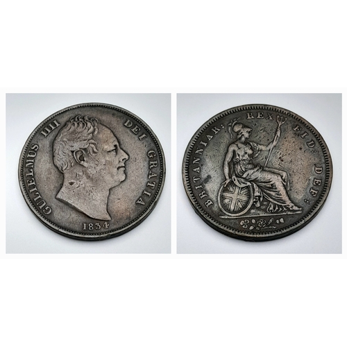 389 - An 1834 William IV One Penny Copper Coin. VF but please see photos.