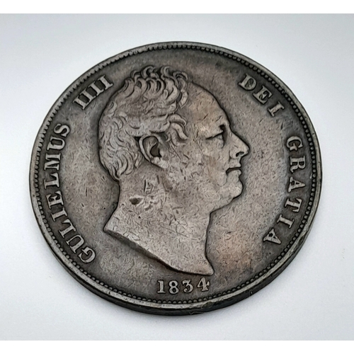 389 - An 1834 William IV One Penny Copper Coin. VF but please see photos.