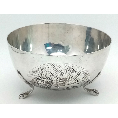 379 - An Antique 800 Silver Bowl with Decorative Swan Pattern and Three Paw Feet. 10.5cm diameter at top. ... 