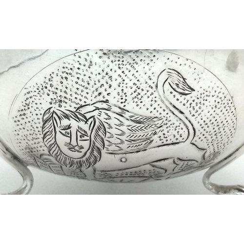 379 - An Antique 800 Silver Bowl with Decorative Swan Pattern and Three Paw Feet. 10.5cm diameter at top. ... 