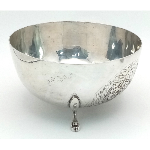 379 - An Antique 800 Silver Bowl with Decorative Swan Pattern and Three Paw Feet. 10.5cm diameter at top. ... 