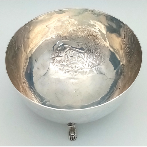 379 - An Antique 800 Silver Bowl with Decorative Swan Pattern and Three Paw Feet. 10.5cm diameter at top. ... 