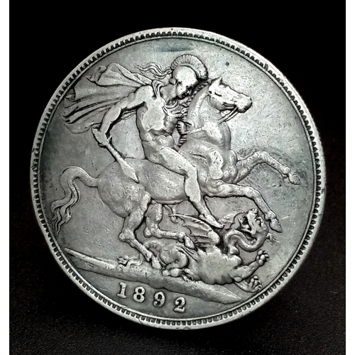 400 - An 1892 Queen Victoria Silver Crown Coin. Good definition.