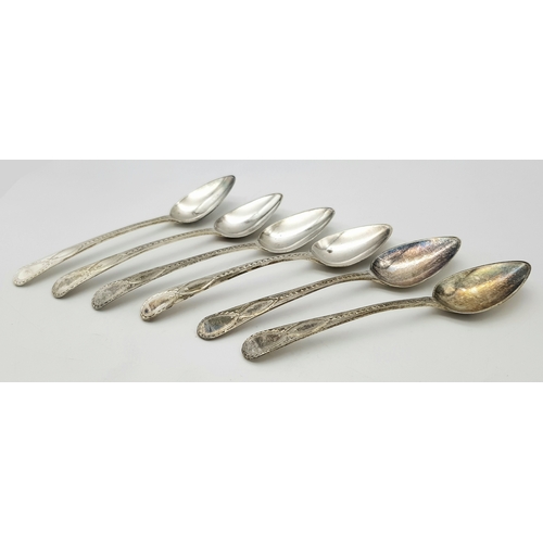 415 - A Set of Six Ornate Antique Tea Spoons. Hallmarked London 1807. Total Weight 70.75g.