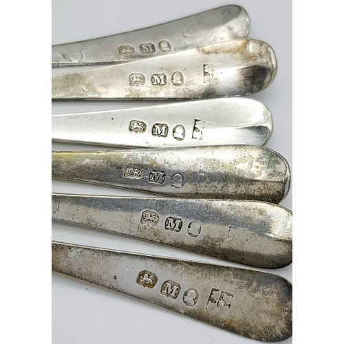 415 - A Set of Six Ornate Antique Tea Spoons. Hallmarked London 1807. Total Weight 70.75g.