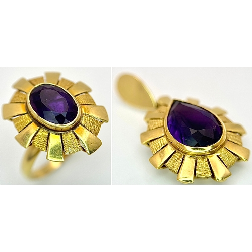 150 - An 18K Yellow Gold, Amethyst Pendant and Ring Set. An oval and pear cut centre stone - 4ctw set in a... 