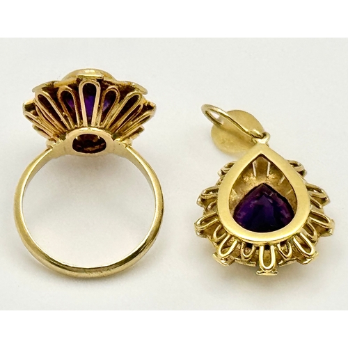 150 - An 18K Yellow Gold, Amethyst Pendant and Ring Set. An oval and pear cut centre stone - 4ctw set in a... 