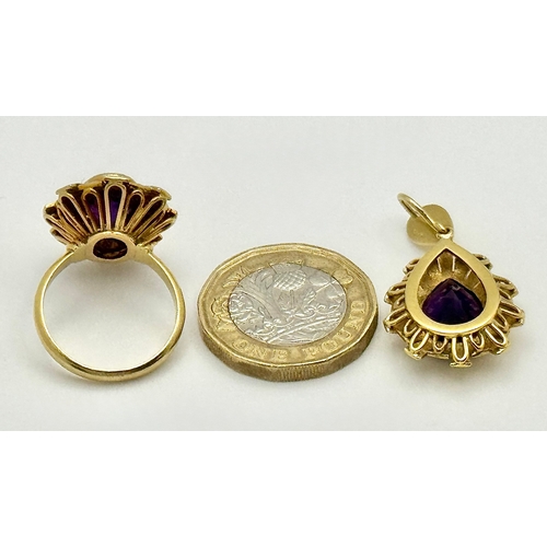 150 - An 18K Yellow Gold, Amethyst Pendant and Ring Set. An oval and pear cut centre stone - 4ctw set in a... 