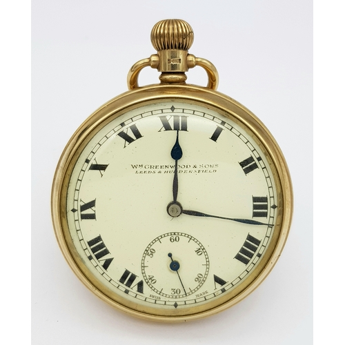 143 - An Antique 9K Gold Greenwood and Sons Double Rear Cased Pocket Watch. Top winder. White dial with se... 