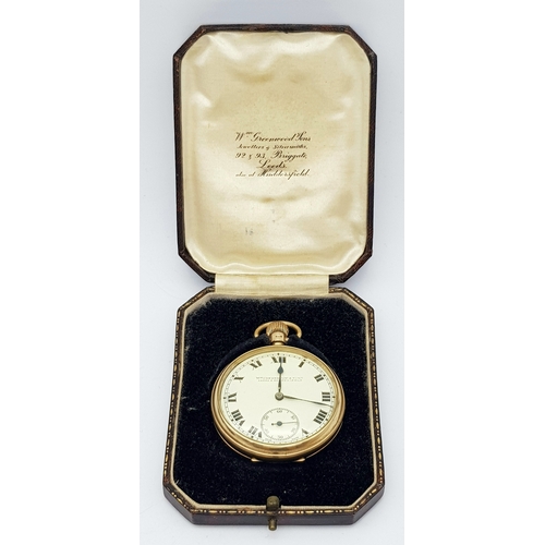 143 - An Antique 9K Gold Greenwood and Sons Double Rear Cased Pocket Watch. Top winder. White dial with se... 