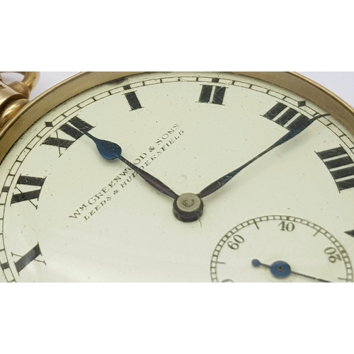 143 - An Antique 9K Gold Greenwood and Sons Double Rear Cased Pocket Watch. Top winder. White dial with se... 