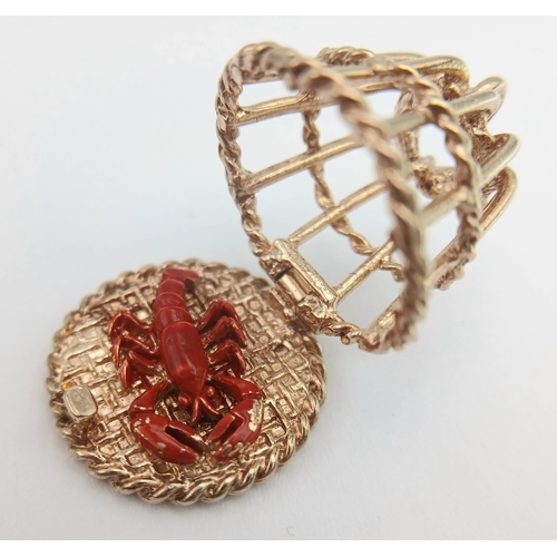 152 - A 9K Yellow Gold, Lobster Pot Charm / Pendant. Which Opens To Reveal The Enamelled Lobster Inside. 6... 