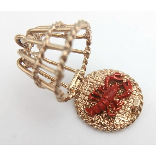 152 - A 9K Yellow Gold, Lobster Pot Charm / Pendant. Which Opens To Reveal The Enamelled Lobster Inside. 6... 
