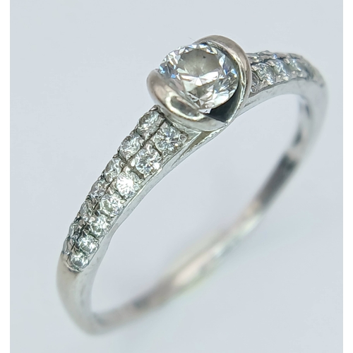 187 - An 18K White Gold, Diamond Solitaire With 2 Row Diamond Shoulders. 0.40Tcw, 2.2G, Size P. Sc 6043