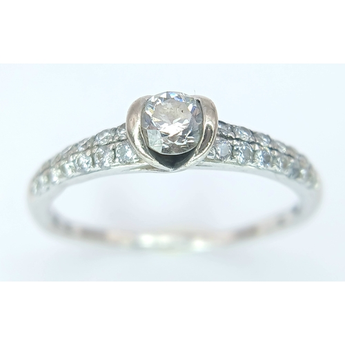 187 - An 18K White Gold, Diamond Solitaire With 2 Row Diamond Shoulders. 0.40Tcw, 2.2G, Size P. Sc 6043