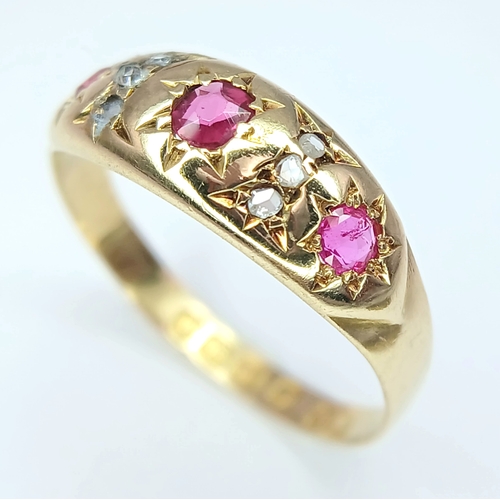 194 - An 18K Yellow Gold, Antique, Diamond And Ruby Set Ring. 2.1G, Size P. Hallmarked Birmingham 1903.  S... 